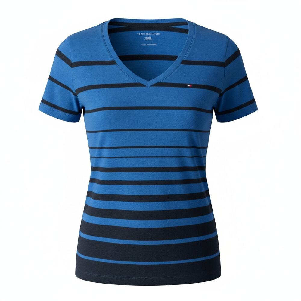 Tommy Hilfiger Blue Striped T-shirt 100% Cotton V-Neck short Sleeve Size XL